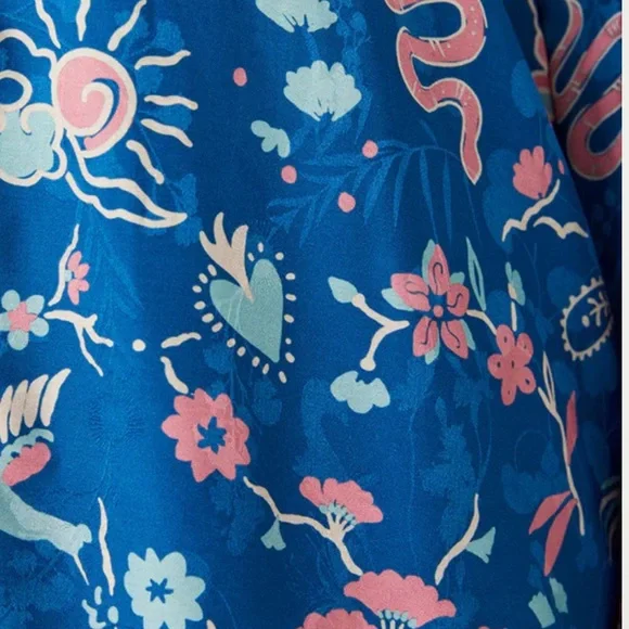 Spell NWT Desert BanditaCobalt Blue and Pink Floral Woven Button Down Shirt